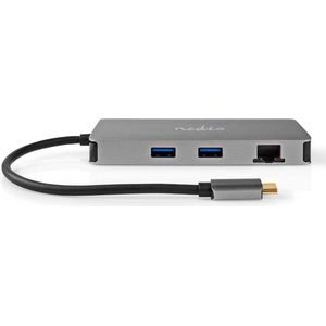 Nedis USB Multi-Port Adapter - USB 3.2 Gen 1 - USB-C Male - Micro SD / RJ45 Female / SD / USB-C Female / 2x HDMI / 2x USB-A Female - 5 Gbps - 0.20 m - Rond - Verguld - PVC - Antraciet - Doos