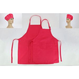 2 Keukenschorten - effen rood/roze met koksmuts - Katoen - set kind en volwasenen