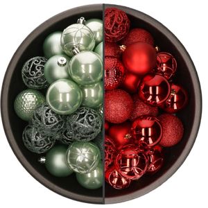 74x stuks kunststof kerstballen mix van rood en mintgroen 6 cm - Kerstversiering