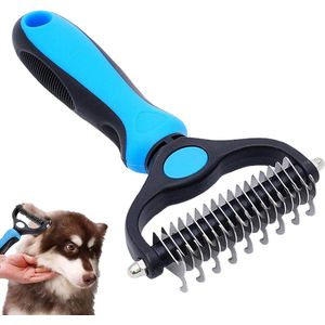 Dubbelzijdige ondervachtkam voor honden en katten in blauw, geschikt voor het verwijderen van losse haren en het verzorgen van de vacht voor een gezonde en glanzende uitstraling