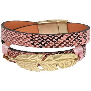Fashion Jewelry Wikkelarmband slangenprint met veer in Roze met Magneetsluiting - Moederdag - Valtentijn - Kado - voor haar