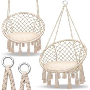 Hangstoel 150 kg met 2 stalen ringen | Comfortabele schommelmand voor binnen en buiten | Weerbestendig en waterafstotend | Inclusief kussen