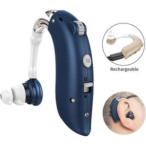 TechU™ Oplaadbaar Hoortoestel met Harde Beschermhoes – Gehoorapparaat voor achter het oor (AHO) – Helder Geluid – Comfortabel & Lichtgewicht – Blauw