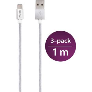 3x 1 meter Grixx Optimum 8-pin Lightning ‑ USB A kabel - iPhone/ iPad/ Airpods/ iPod - Wit - Heavy duty nylon mantel - 3-Pack