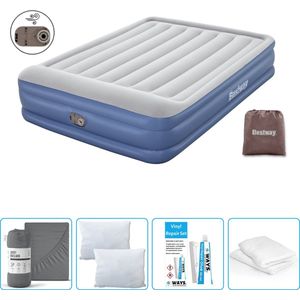 Bestway luchtbed - 2-Persoons - 152 x 203 x 46 cm - Grijs/Blauw - Inclusief pomp - Hoeslaken - Kussen - Kussenbeschermer en Reparatieset