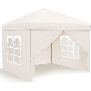 Opvouwbare tuinprieel - 2,5 x 2,5 cm Waterdicht Stabiel Winterbestendig - met 4 zijpanelen en ramen - Tuinfeesttent - UV-bescherming 50+ voor festivals, Feest, Markt, Vlooienmarkt en Kamperen - Khaki