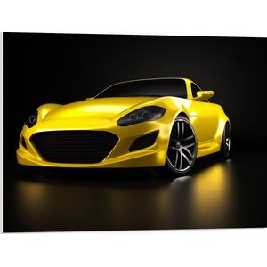 PVC Schuimplaat- Vooraanzicht van Gele Auto tegen Zwarte Achtergrond - 80x60 cm Foto op PVC Schuimplaat