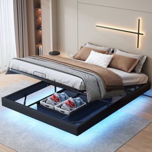 Tweepersoons ledikant 160x200 cm Zonder hoofdeinde, Zwevend bedframe, Platform bedframe voor tieners met houten lattenbodem en opbergruimte, Zonder matras, PU Zwart