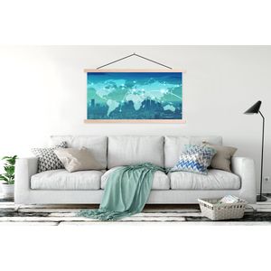 Posterhanger incl. Poster 150x75 cm - Schoolplaat - Wereldkaart - Netwerk - Blauw - Textielposter - Blanke latten