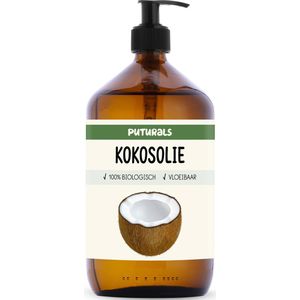Puturals Kokosolie 100% Biologisch - 1000ml - Vloeibaar, Koudgeperst en Puur - Kokosolie als Huidolie, Haarolie en Massage Olie - Rijk aan Vetzuren - Kokos MCT Olie voor Verzorging - Bruine Glazen Fles + Pomp