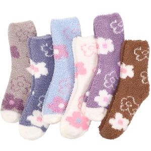 6 Paar Dames Knuffelsokken - Warme Wintersokken met Bloemen - Comfortabele Huissokken voor de Koude