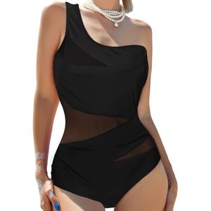 One Piece Badpak Dames - Zwart - Met Mesh Schouderbanden en Buikcontrole - Asymmetrisch Ontwerp