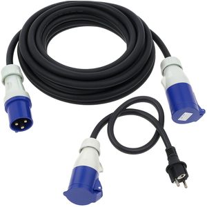 Vrijbuiter - CEE Verlengkabel 20m - Verloopkabel 1.5m - 3x2,5 mm² - Neopreen - IP44 Spatwaterdicht - 3500W - Voordeelbundel