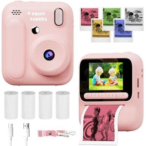 Instant Print Camera voor kinderen, 1080P Instant Camera met 4 rollen printpapier, 32GB kaart, draagbare digitale camera voor jongens en meisjes van 3-14 jaar-Roze