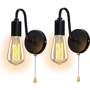 Retro Indoor Metalen Wandlamp met Schakelaar - Geschikt voor Binnen - Lamp 2 Stuks met Trekschakelaar - E27 Lampfitting - 60W Zwarte Wandverlichting