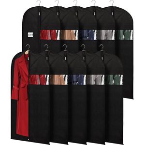 152 cm kledingtas (set van 10) kledingtas voor opslag, kledingkast met ritssluiting met kledingzakken en blazer met opvouwbare oogjes jurk, zwart
