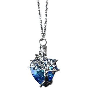 Bijoux by Ive - Ashanger - Assieraad met ketting - Collier - Blauw stenen hart met een zilverkleurige levensboom