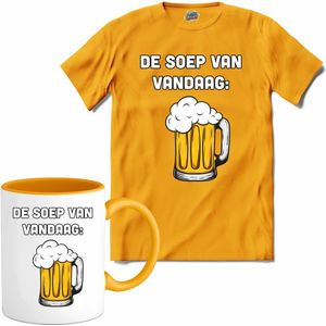 De soep van vandaag - Bier kleding cadeau - bierpakket kado idee - grappige bierglazen drank feest teksten en zinnen - T-Shirt met mok - Dames - Geel - Maat XXL