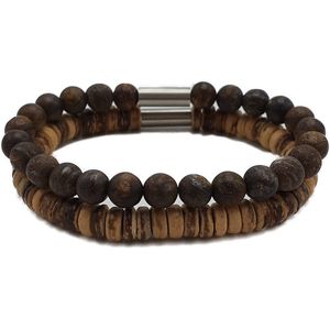 H-Beau - Duo – Cadeau - Set van 2 Handgemaakte Armbanden - Breedte: 8mm – Lengte: 21cm – Bruin - Beige - Mannen Armband - Natuurstenen - Natuurkralen - Bronziet – Kokos – Hout - Kralen - RVS Kraal – Mat – Heren – Unisex - Geschenk