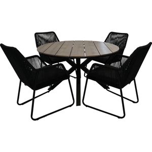 5-delige ronde tuinset | 4 Mona tuinstoelen (Black) | ⌀120cm Cyprus tuintafel (Wood)