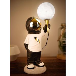 BRUBAKER Astronauten tafellamp - 46 cm - Ruimtevaart bedlampje - Handbeschilderd Decoratief beeldje met Maanlamp - Goud, Wit en Zwart