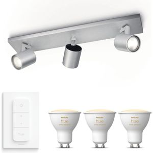 Philips Hue Runner Opbouwspot (Aluminium) - Warm tot Koelwit Licht - Incl. Hue Dimmer Switch - Plafondspot met 3 Lichtpunten - GU10 - Hue White Ambiance
