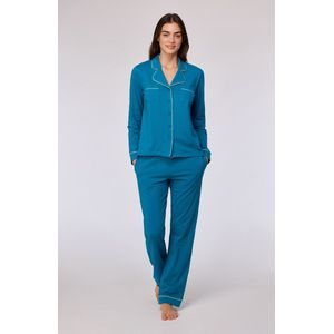 Woody pyjama dames doorknoop - groenblauw - 252-10-YPD-Z/795 - maat XL