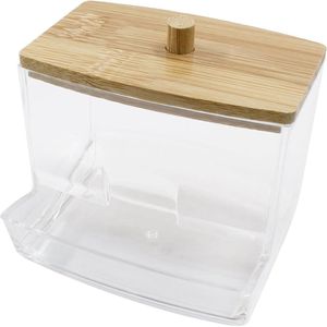 Wattenstaafjeshouder - Wattenstaafjesdispenser - Acryl - Tandenstokerdispenser - Badkamercontainer - Wattenschijfjes Opbergdoos - met Bamboe Deksel - Geschikt Voor Badkamer, Slaapkamer - 8.8*7.4*8cm - Transparant