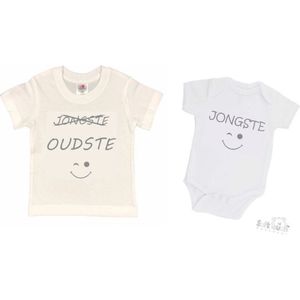 2-pack - T-shirt ""Oudste""- Grote broer/zus T-shirt - (maat 110/116) & Soft Touch Romper ""Jongste"" Wit/grijs maat 56/62 Ã¢â‚¬â€œ set van 2