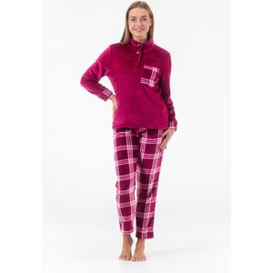 Dames Fleece Huispak en Pyjama - Hoge Kraag met Knopen - Tartan Style - Superzacht Fleece - Fuchsia - 2504 - Maat S