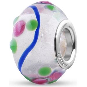 Quiges - Glazen - Kraal - Bedels - Beads Wit met Roze Bloemmetjes en Blauwe Golven Past op alle bekende merken armband NG1991