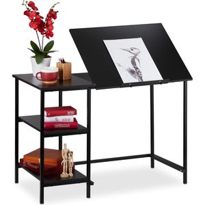 relaxdays bureau kantelbaar - tekentafel - computertafel - laptoptafel - 3 vakken Zwart / zwart