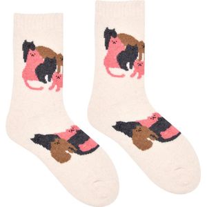 Wol Dames Sokken - Huissokken - Wandelsokken - wit - grijs - leuke print kat - katten - 36 - 40 - warm - cadeau voor haar - gift