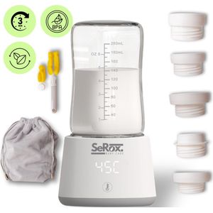 SeRox BabyCare - Flessenwarmer onderweg plus 5 adapters - geschikt voor oa Dr brown smalle hals, philips avent flessen, MAM, NUK, TommieTippie, Medela, en meer - draagbare en draadloze baby flessenwarmers - 9000 mAh - BPA vrij - wit