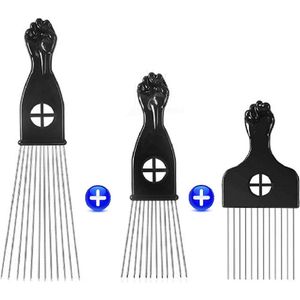 Maxenza Afro Kam - Afro Comb - Afro Pick - Styling Pik Afro Comb - Set van 3 Maten en 3 Soorten - Zwart