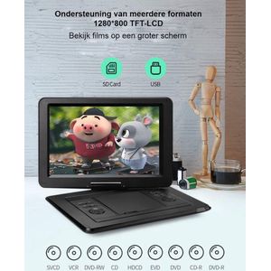 Draagbare DVD Speler 17.5"" met 15.5"" HD Groot Roteerbaar Scherm - 4-6 Uur Speeltijd - Geheugen Herstart Functie - Ondersteuning voor USB/SD Kaart - Blu-ray Niet Ondersteund