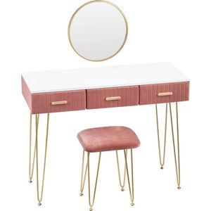 Wildor® Kaptafel - Bureau - Met Spiegel - Met Laden - 3 Laden - Met Kruk - Goud - Roze - Slaapkamer - Hal - Make-uptafel