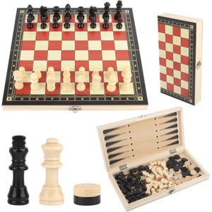Schaakbord 3-in-1 | Inklapbaar en draagbaar houten schaakset | Voor volwassenen en kinderen | Perfect voor familieactiviteiten en reizen (29 x 29 cm)