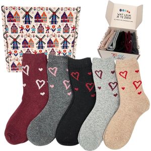 Tutti Footi - Sokken Set 'Loes' met Hartjes - 5 paar dames Sokken maat 37-41 - rood/grijs/zwart - Liefde, Valentijnsdag, winter