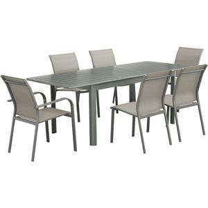 sweeek - Uitschuifbare tuintafel van aluminium, 6 stoelen, waarvan 2 met armleuning, 6 plaatsen, textileen