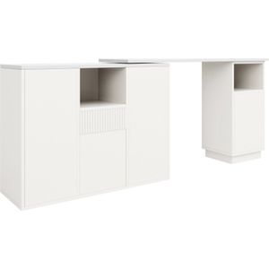 360° draaibare bartafel (hoofdgedeelte 198,5 x 30 x 75 cm), modern en eenvoudig, met open opbergruimte en marmeren werkblad, geschikt voor keuken, woonkamer en eetkamer, wit