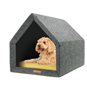Rexproduct Hondenhuis – Hondenhuisjes voor binnen - Hondenkussen inbegrepen – Hondenhuizen voor in huis – Hondenhok - Hondenmand gemaakt van Gerecycled PETflessen - PETHome - Donkergrijs Geel