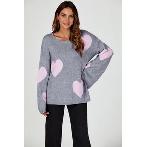 Oversized trui met hartpatroon en wijde mouwen in lichtgrijs