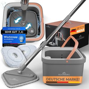 Alanberg - Dweilmopset - Grijs - 2-kamer met Emmer - Zelfwringende Vlakmop - Telescoopsteel 160 cm