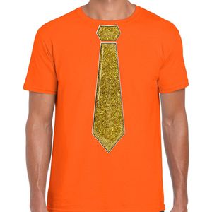 Bellatio Decorations Verkleed shirt heren - stropdas glitter goud - oranje - carnaval - foute party XXL