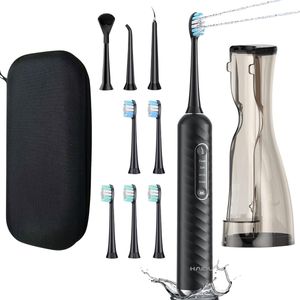 HAIDU 3 in 1 Elektrische Tandenborstel met Waterflosser – 4 Verschillende Opzetstukken – 5 Opzetborstels – 180ml Waterreservoir – Reisetui – Zwart – Premium Plus Bundel