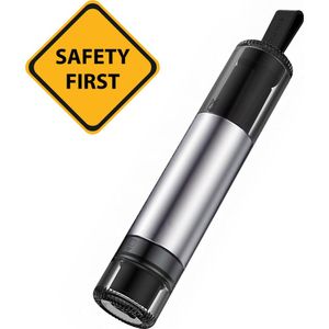 Povex Veiligheidshamer - Noodhamer - Safety Hammer & Gordelsnijder - Noodhamer Auto - Aluminium - Inclusief Testglas en Zelfklevende Houder - Zilver