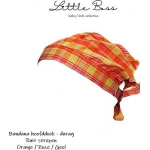 Little Boss - Bandana hoofddoek – Durag – Doo Rag - kind / baby 0-3 jaar – 2 stuks – (ruit) strepen nr. 12 + nr. 14 – oranje roze geel / beige rood zwart - polyester nylon – casual feest festival