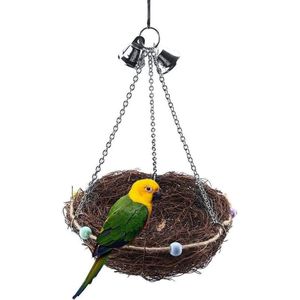 Vogelnest van natuurlijk rotan met 2 metalen belletjes voor papegaaien - speelgoed voor bijten kauwen schommel staand - 27 x 20 cm .