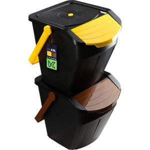 KADAX - Recycling-emmer, 25 liter afvalemmer/prullenbak met deksel - afvalemmerset voor gemakkelijke afvalscheiding, afvalverzamelaar, afvalscheider voor biologisch afval, papier, glas - 2x25L